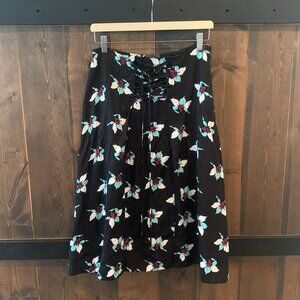 Anthropologie Women's Maeve Lace-Up Floral Print A Line Black Midi Skirt Size 8